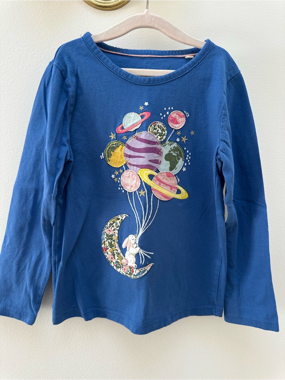 Mini Boden Girls 5-6Y Space Bunny Long Sleeve Shirt Planet Appliqué
